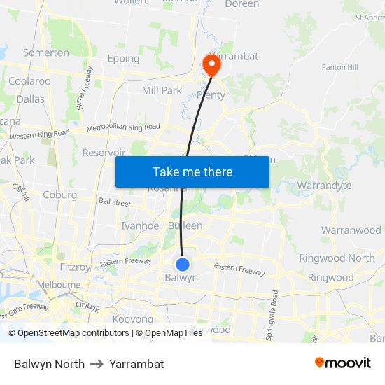 Balwyn North to Yarrambat map