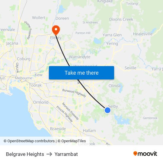 Belgrave Heights to Yarrambat map