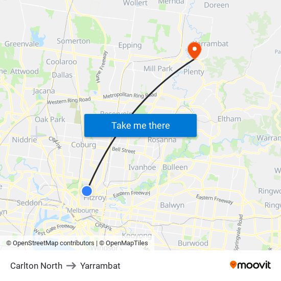 Carlton North to Yarrambat map