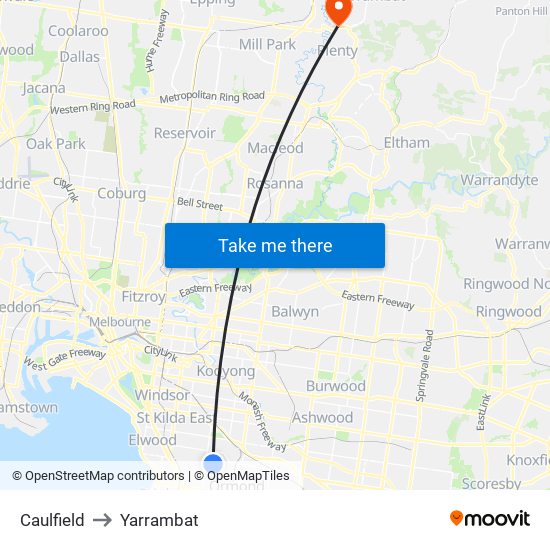 Caulfield to Yarrambat map