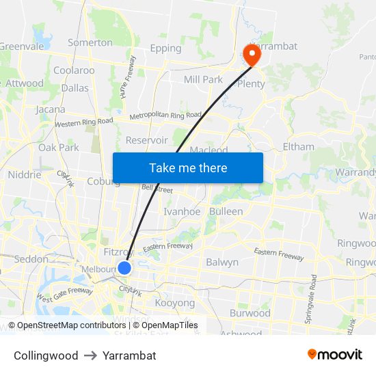Collingwood to Yarrambat map