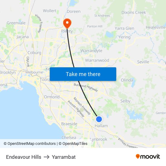 Endeavour Hills to Yarrambat map