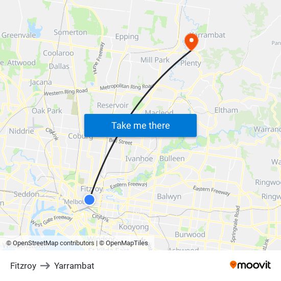 Fitzroy to Yarrambat map