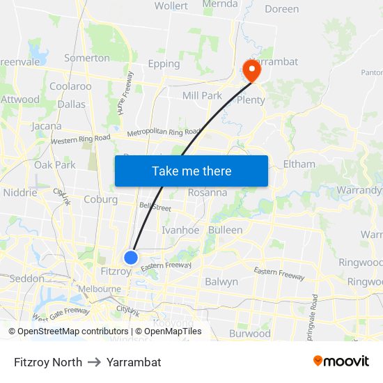 Fitzroy North to Yarrambat map