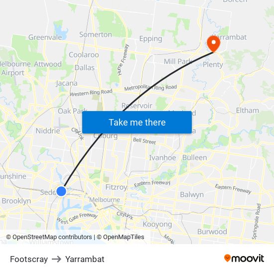 Footscray to Yarrambat map