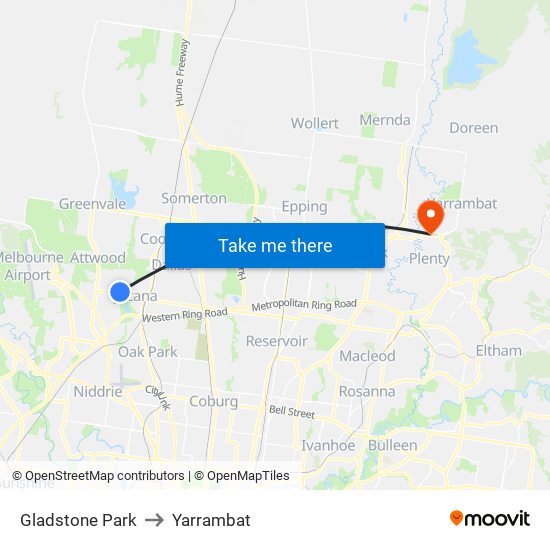 Gladstone Park to Yarrambat map