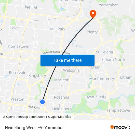 Heidelberg West to Yarrambat map