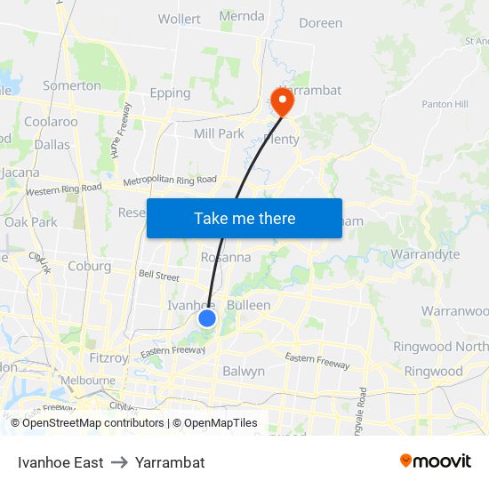 Ivanhoe East to Yarrambat map