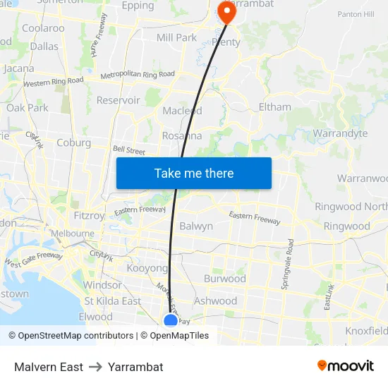 Malvern East to Yarrambat map