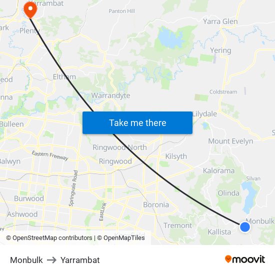 Monbulk to Yarrambat map