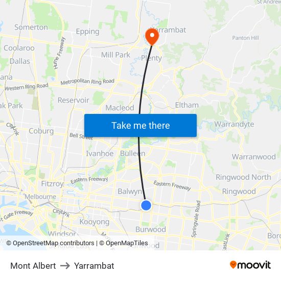 Mont Albert to Yarrambat map