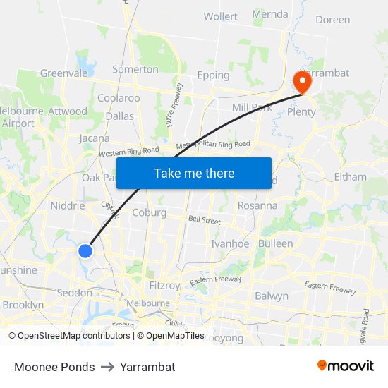 Moonee Ponds to Yarrambat map