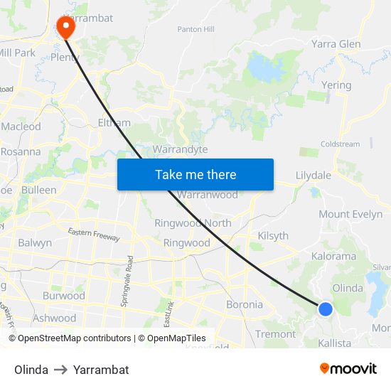 Olinda to Yarrambat map