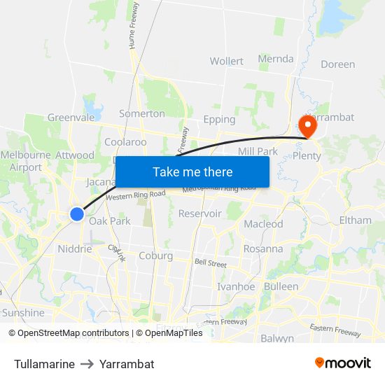 Tullamarine to Yarrambat map