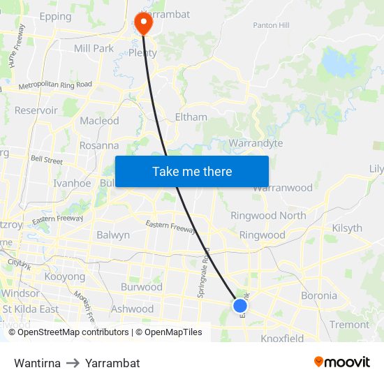 Wantirna to Yarrambat map