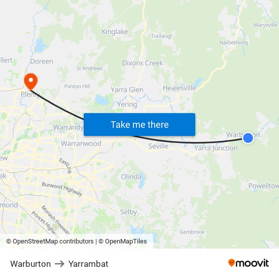 Warburton to Yarrambat map