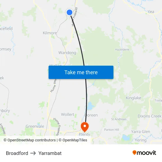 Broadford to Yarrambat map