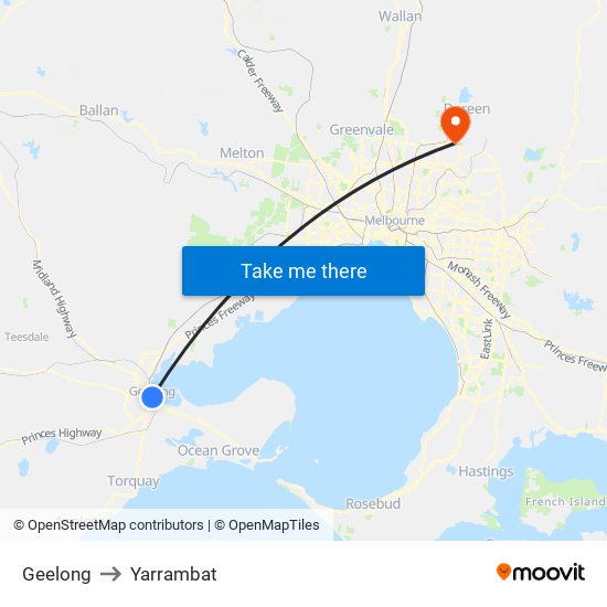 Geelong to Yarrambat map
