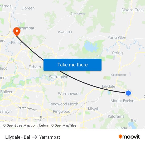 Lilydale - Bal to Yarrambat map