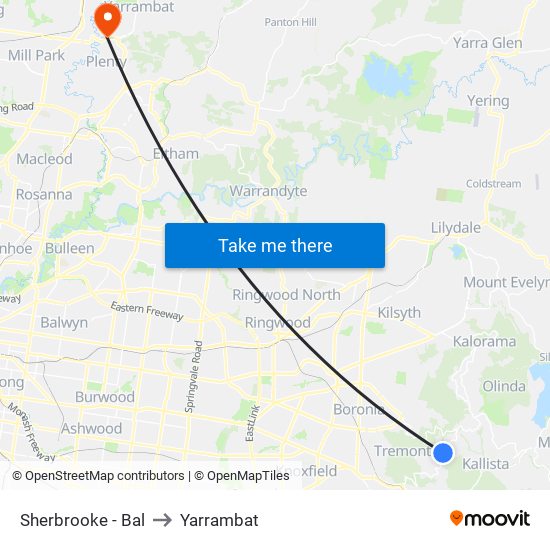 Sherbrooke - Bal to Yarrambat map