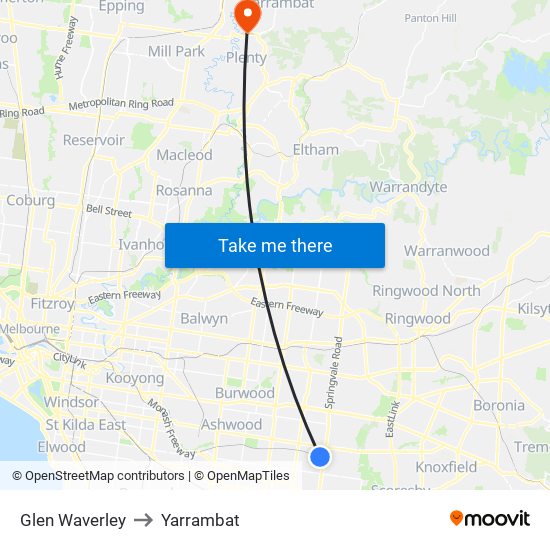 Glen Waverley to Yarrambat map