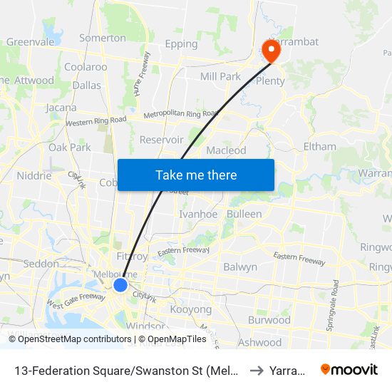 13-Federation Square/Swanston St (Melbourne City) to Yarrambat map