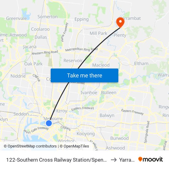 122-Southern Cross Railway Station/Spencer St (Melbourne City) to Yarrambat map