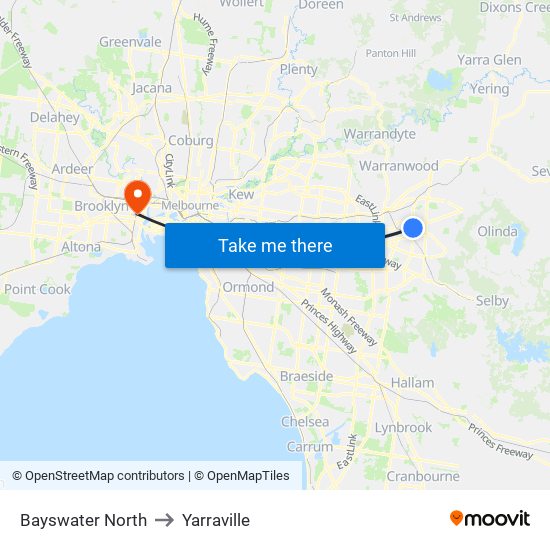 Bayswater North to Yarraville map