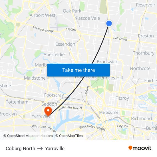 Coburg North to Yarraville map