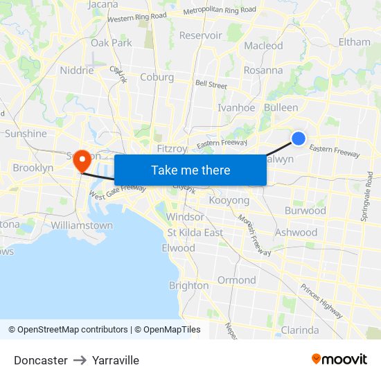 Doncaster to Yarraville map
