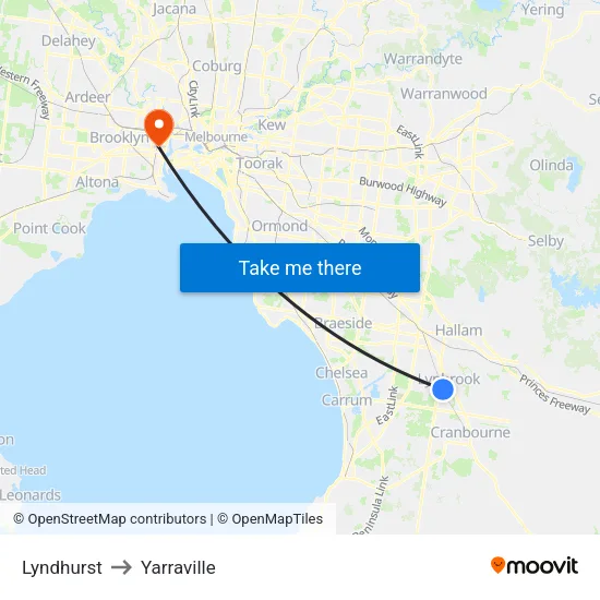 Lyndhurst to Yarraville map