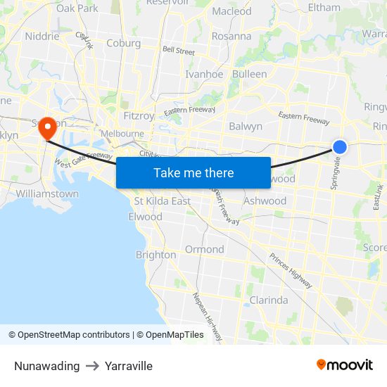 Nunawading to Yarraville map