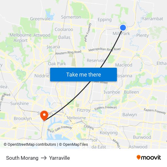 South Morang to Yarraville map