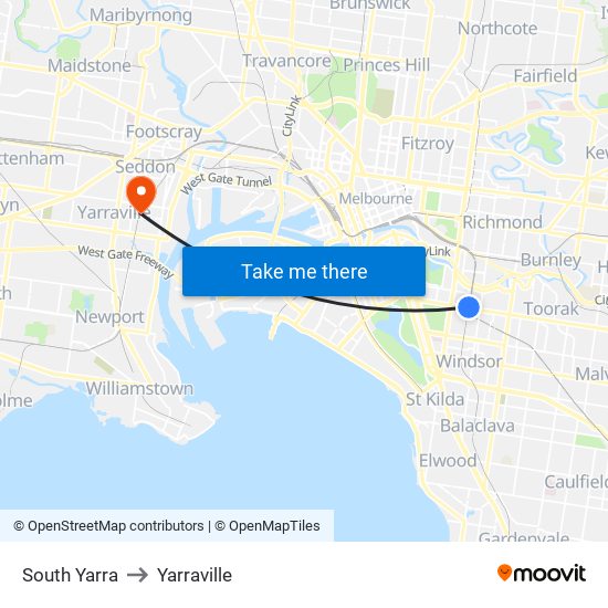 South Yarra to Yarraville map