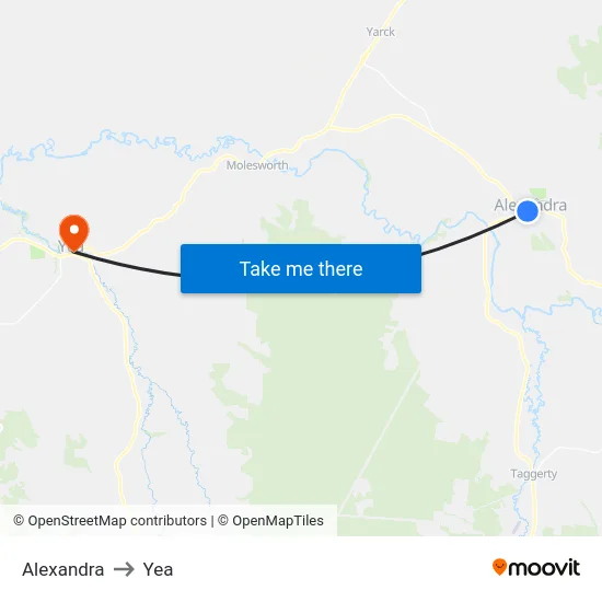 Alexandra to Yea map