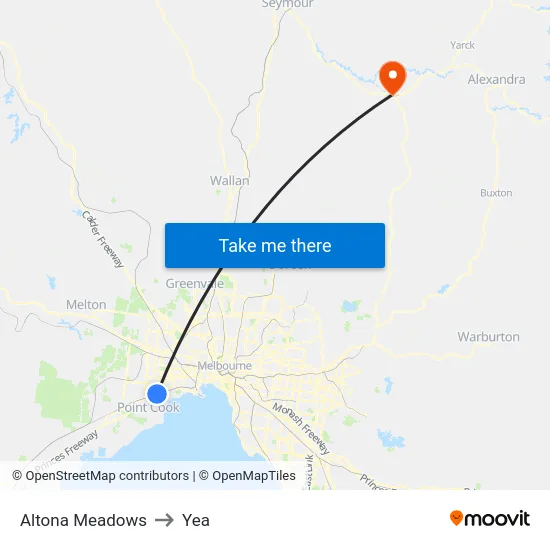 Altona Meadows to Yea map