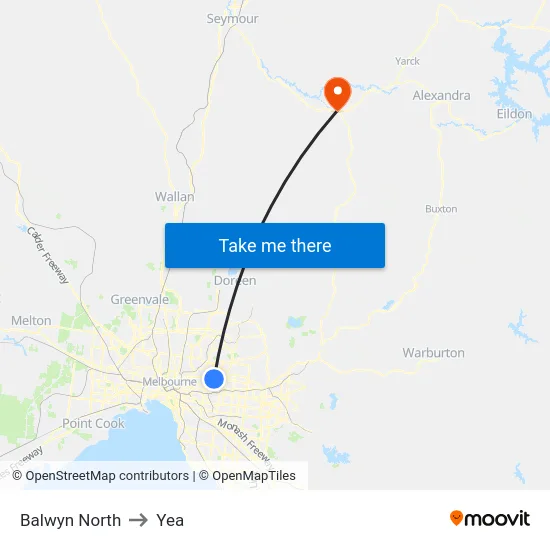 Balwyn North to Yea map