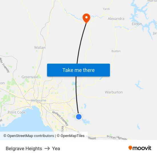 Belgrave Heights to Yea map