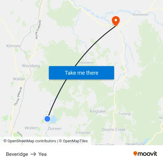 Beveridge to Yea map