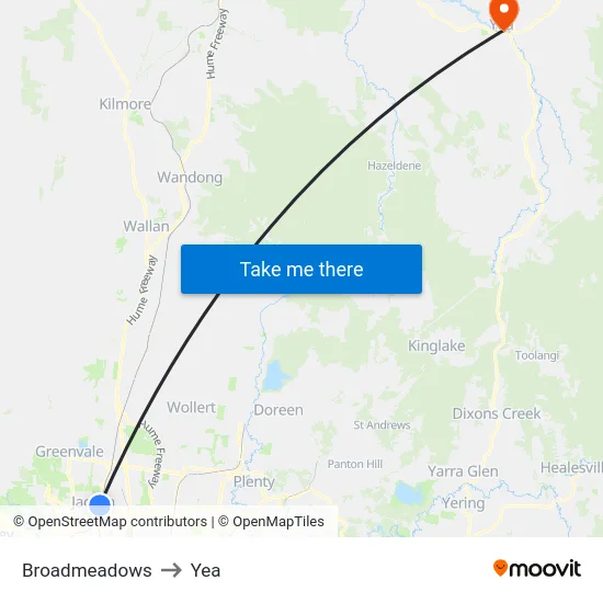 Broadmeadows to Yea map