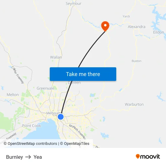 Burnley to Yea map