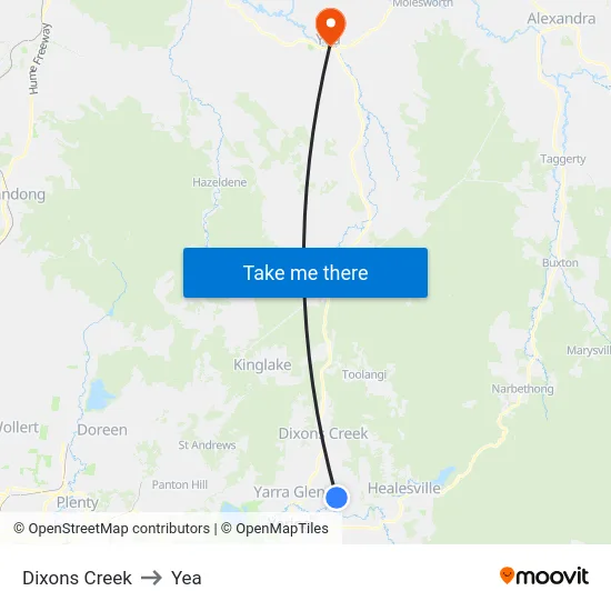 Dixons Creek to Yea map