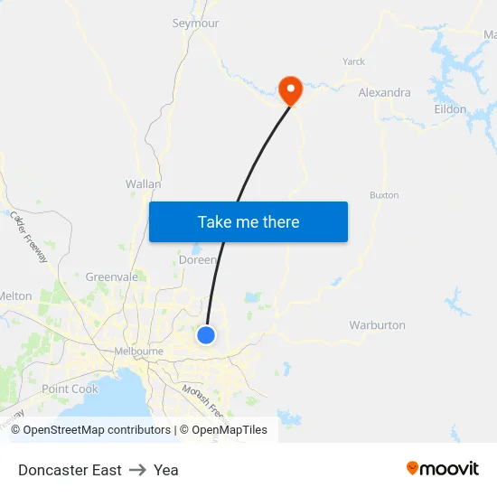 Doncaster East to Yea map
