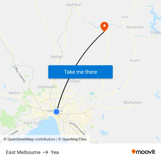 East Melbourne to Yea map