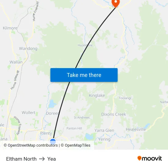 Eltham North to Yea map