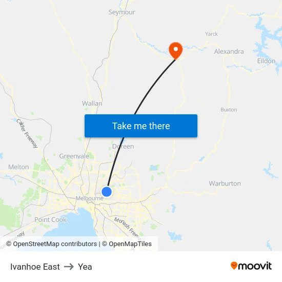 Ivanhoe East to Yea map