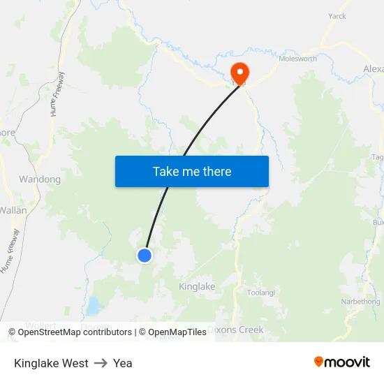 Kinglake West to Yea map