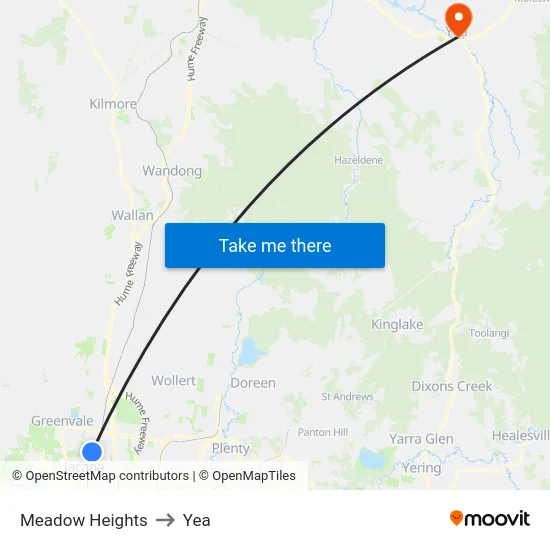 Meadow Heights to Yea map