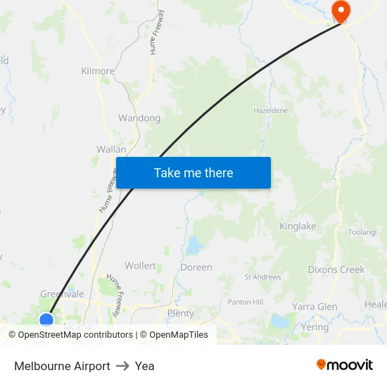 Melbourne Airport to Yea map