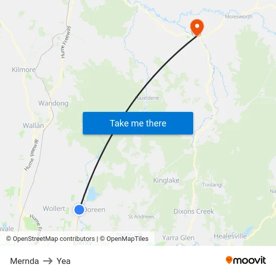 Mernda to Yea map